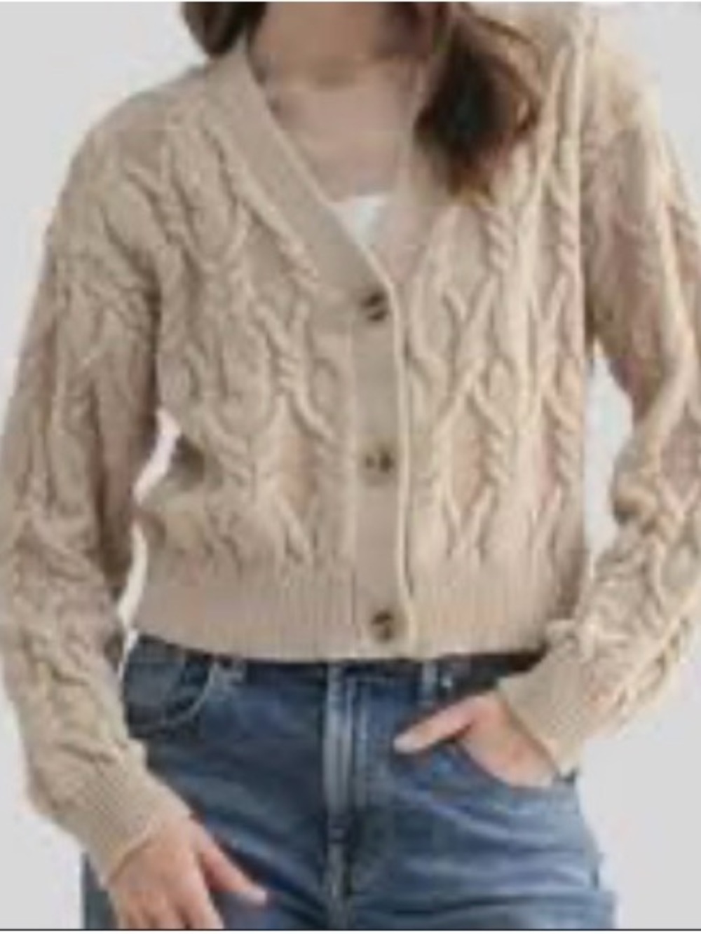 All in Favor Beige Cropped Cable-Knit Button Cardigan